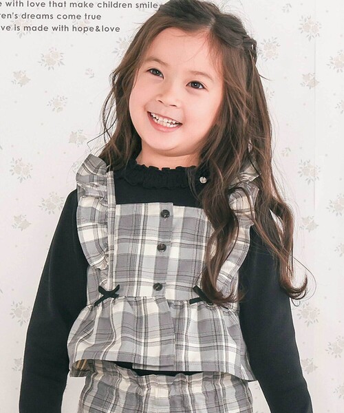 お揃い】ヘリンボーンチェックフリルビスチェ+パンツセットアップ(80