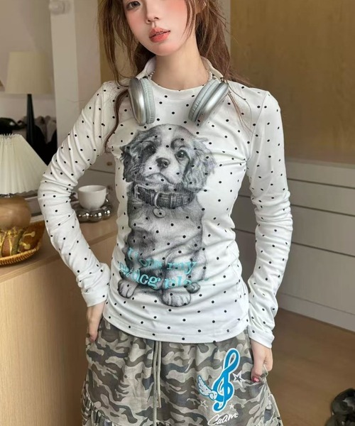 AsRiRe(アスリレイ)の「新色追加/ドットプリントドッグロングスリーブTシャツ(Tシャツ/カットソー・レディース・ダークグレー/ホワイト/ブラック・M)」の7枚目の写真