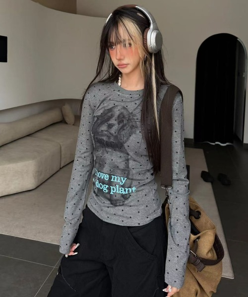 AsRiRe(アスリレイ)の「新色追加/ドットプリントドッグロングスリーブTシャツ(Tシャツ/カットソー・レディース・ダークグレー/ホワイト/ブラック・M)」の8枚目の写真