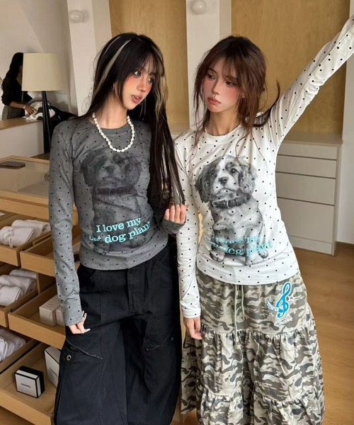 AsRiRe(アスリレイ)の「新色追加/ドットプリントドッグロングスリーブTシャツ(Tシャツ/カットソー・レディース・ダークグレー/ホワイト/ブラック・M)」の5枚目の写真