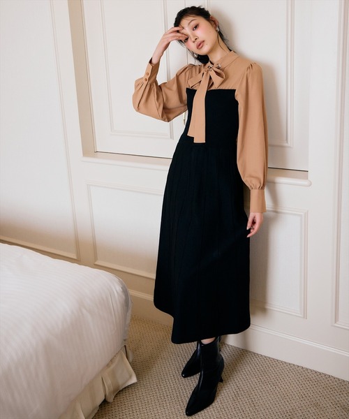 セール】ボウタイ×ニットドッキングワンピース（ワンピース）｜AND