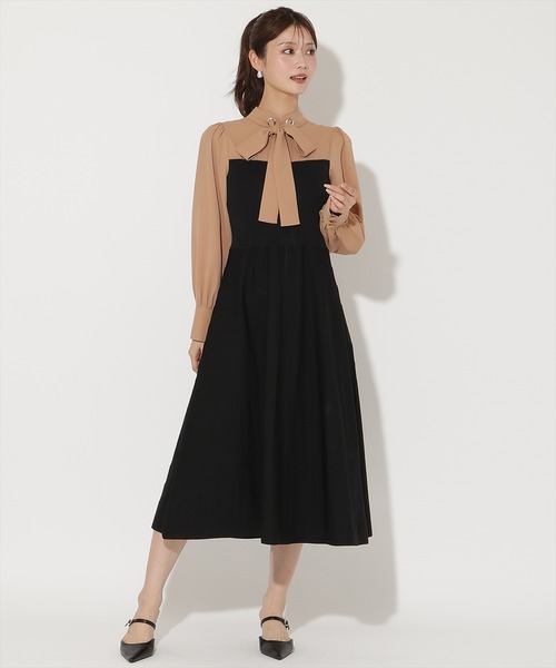 AND COUTURE(アンドクチュール)の「ボウタイ×ニットドッキングワンピース(ワンピース・レディース・ブラック/ダークブラウン・FREE)」の4枚目の写真
