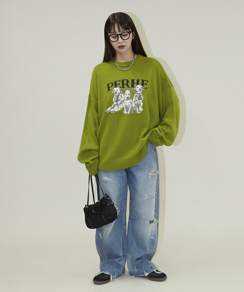 PUBLUX(パブリュクス)の「PUBLUX/パブリュクス ダルメシアン ドッグデザイン ジャガード ニット 限定展開(ニット/セーター・レディース・ナチュラル/ブラック/ネイビー/グリーン・MEDIUM/LARGE/SMALL)」の7枚目の写真