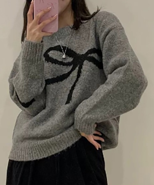 STYLEBLOCK(スタイルブロック)の「リボンプリントニット(ニット/セーター・レディース・ブラック/グレー/ベージュ系その他・FREE)」の2枚目の写真