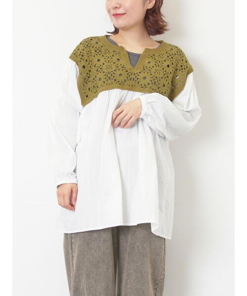 Samansa Mos2（サマンサ モスモス）の「花柄ニット+布帛切替チュニック（ニット/セーター・レディース・モカ/オレンジ/キナリ/ブラック/カーキ・F）」の4枚目の写真