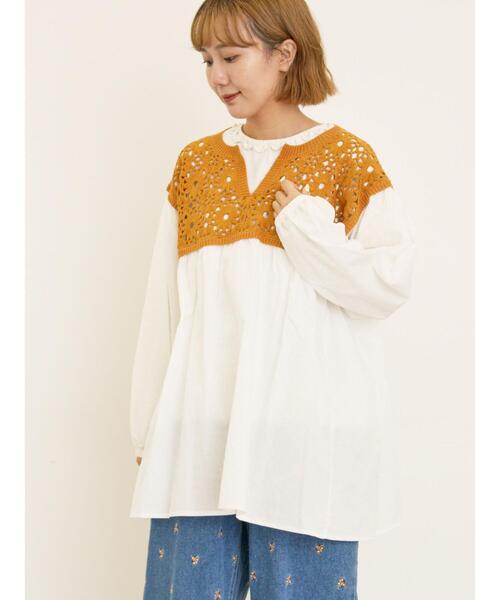 Samansa Mos2（サマンサ モスモス）の「花柄ニット+布帛切替チュニック（ニット/セーター・レディース・モカ/オレンジ/キナリ/ブラック/カーキ・F）」の5枚目の写真