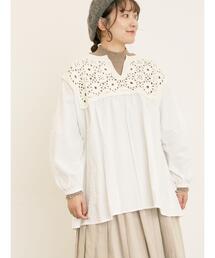 花柄ニット+布帛切替チュニック