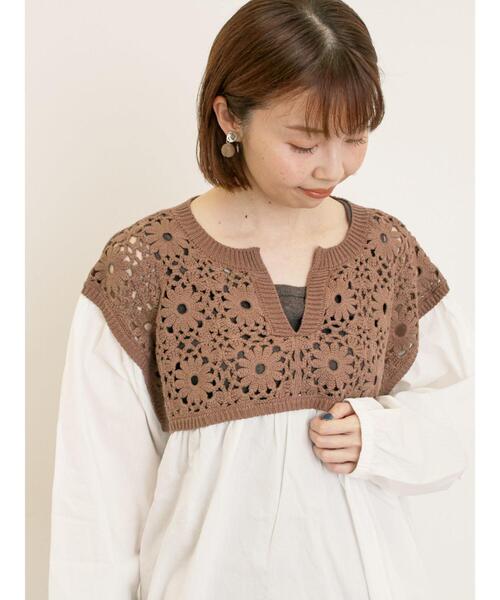 Samansa Mos2（サマンサ モスモス）の「花柄ニット+布帛切替チュニック（ニット/セーター・レディース・モカ/オレンジ/キナリ/ブラック/カーキ・F）」の3枚目の写真