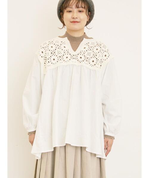 Samansa Mos2（サマンサ モスモス）の「花柄ニット+布帛切替チュニック（ニット/セーター・レディース・モカ/オレンジ/キナリ/ブラック/カーキ・F）」の8枚目の写真