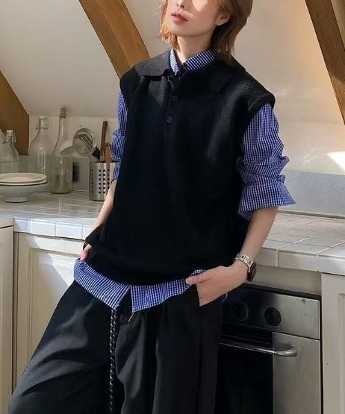 FreeZone(フリーゾーン)の「ポロカラーニットベスト(ベスト・メンズ・ブラック/ブラウン・F)」の11枚目の写真