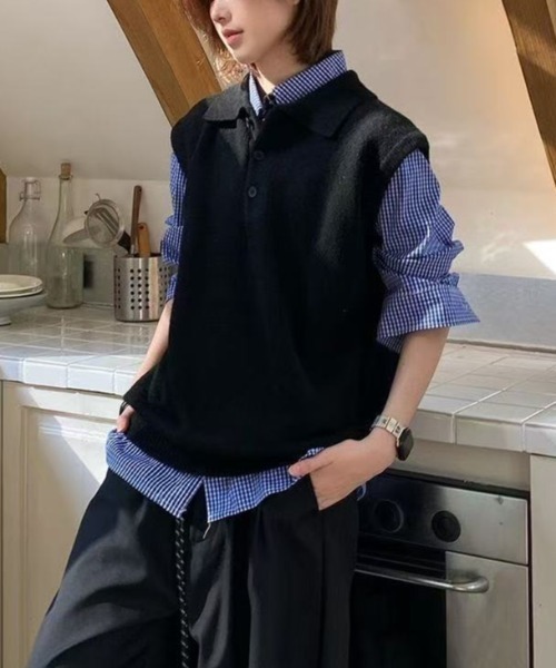 FreeZone(フリーゾーン)の「ポロカラーニットベスト(ベスト・メンズ・ブラック/ブラウン・F)」の12枚目の写真