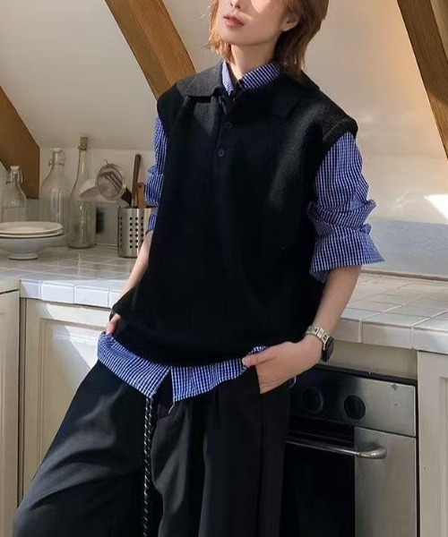 FreeZone(フリーゾーン)の「ポロカラーニットベスト(ベスト・メンズ・ブラック/ブラウン・F)」の13枚目の写真