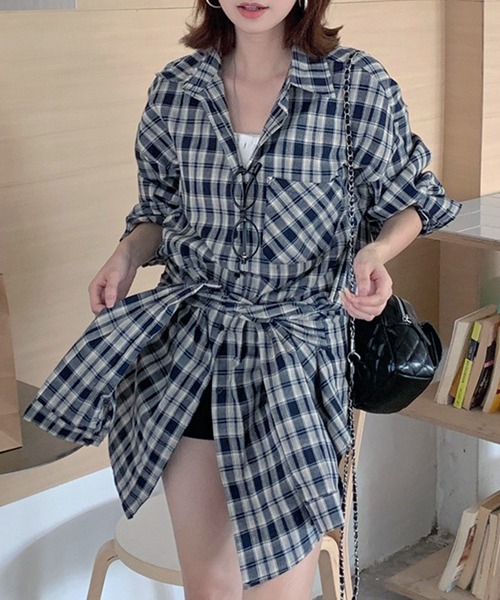 lulufa(ルルファ)の「ウエストマーク チェックシャツ ワンピース 長袖/韓国 Y2K ルーズシルエット(シャツワンピース・レディース・ブラウン/ブルー・FREE)」の9枚目の写真