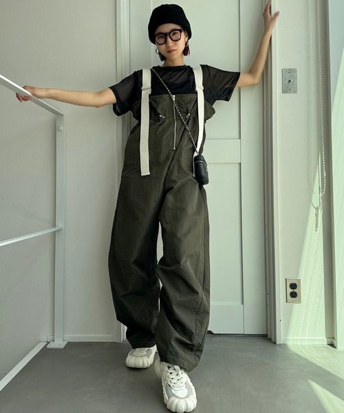 セール】ワイドサスペンダーカラーステッチサロペットパンツ