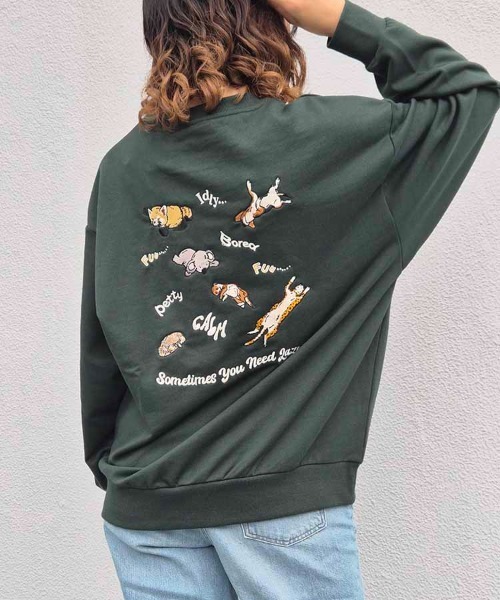 Bleu Bleuet（ブルーブルーエ）の「Lazyアニマル刺繍トレーナー（スウェット・レディース・アイボリー/ダークグリーン/キナリ・M/L）」の3枚目の写真