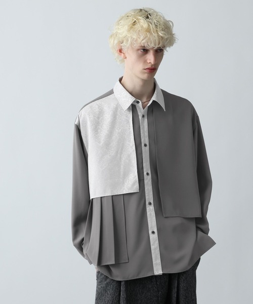 HARE（ハレ）の「ジャガードアシメプリーツシャツ(HARE)（シャツ/ブラウス・メンズ・グレー/ブルー/ブラック/パープル/グリーン/ライトグレー・FREE）」の3枚目の写真
