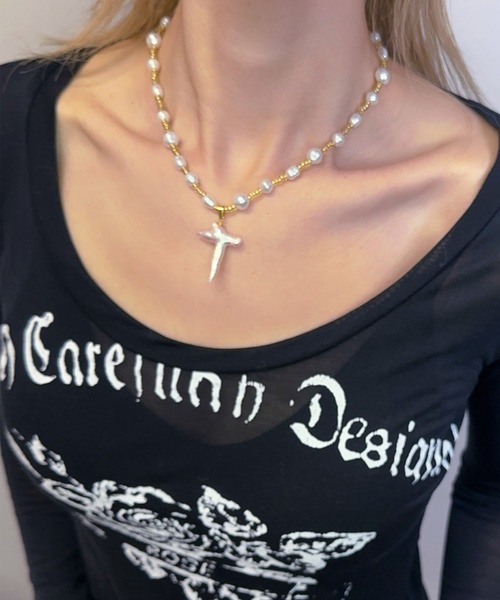 セール】Pearl cross necklace【JD】（ネックレス）｜Judin