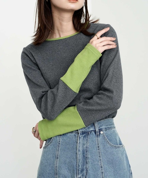 Bulue.(ブルー)の「【Bulue.】リブ袖配色トップス(Tシャツ/カットソー・レディース・グレー/チャコールグレー/アイボリー・FREE)」の1枚目の写真