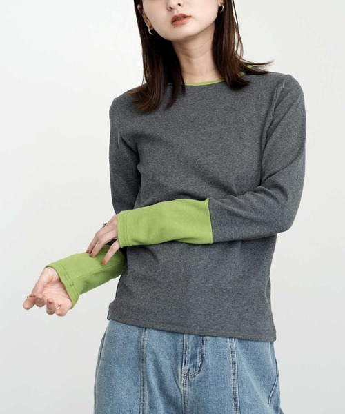 Bulue.(ブルー)の「【Bulue.】リブ袖配色トップス(Tシャツ/カットソー・レディース・グレー/チャコールグレー/アイボリー・FREE)」の6枚目の写真