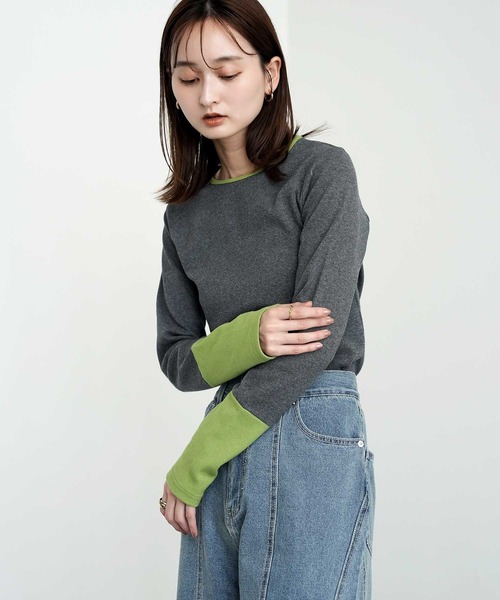 Bulue.(ブルー)の「【Bulue.】リブ袖配色トップス(Tシャツ/カットソー・レディース・グレー/チャコールグレー/アイボリー・FREE)」の7枚目の写真