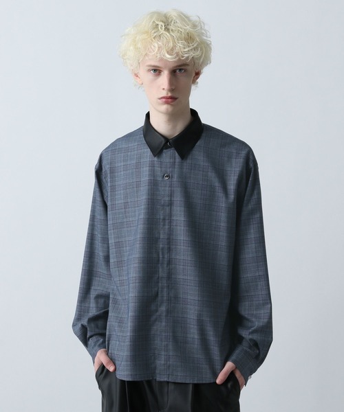 HARE（ハレ）の「エリレザーチェックシャツ(HARE)（シャツ/ブラウス・メンズ・ブルー/ブラック/ブラウン・FREE）」の3枚目の写真
