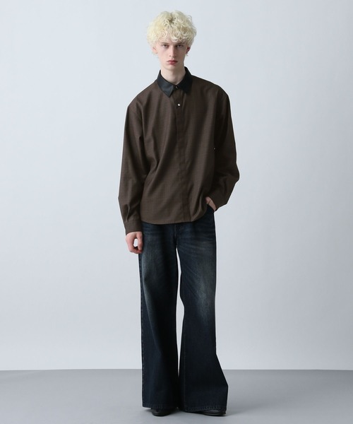 HARE（ハレ）の「エリレザーチェックシャツ(HARE)（シャツ/ブラウス・メンズ・ブルー/ブラック/ブラウン・FREE）」の6枚目の写真