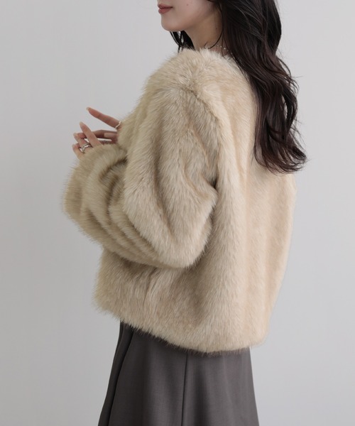 nouvellemoi(ヌーベルモイ)の「ノーカラーファージャケット(ノーカラージャケット・レディース・ブラウン/チャコール/アイボリー・M)」の13枚目の写真