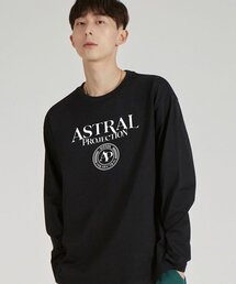 レタリングロゴエンブレムラウンドネック13番手綿ロングスリーブTシャツ_ブラック