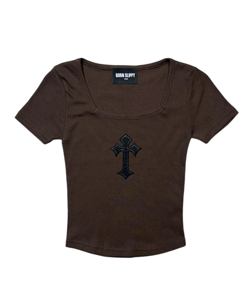 BORN SLIPPY(ボーンスリッピー)の「Cross Square Neck T-shirt (Brown)(Tシャツ/カットソー・レディース・その他・FREE)」の1枚目の写真