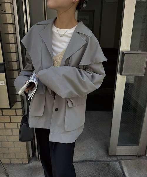 nananamoe(ナナナモエ)の「scarf arrange silky jacket(テーラードジャケット・レディース・グレー/ブラック・FREE)」の1枚目の写真