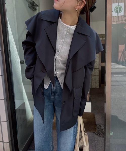 nananamoe(ナナナモエ)の「scarf arrange silky jacket(テーラードジャケット・レディース・グレー/ブラック・FREE)」の2枚目の写真
