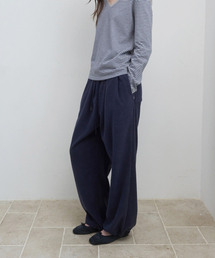 PLEATS TUCK WIDE FLEECE PANTS_NAVY