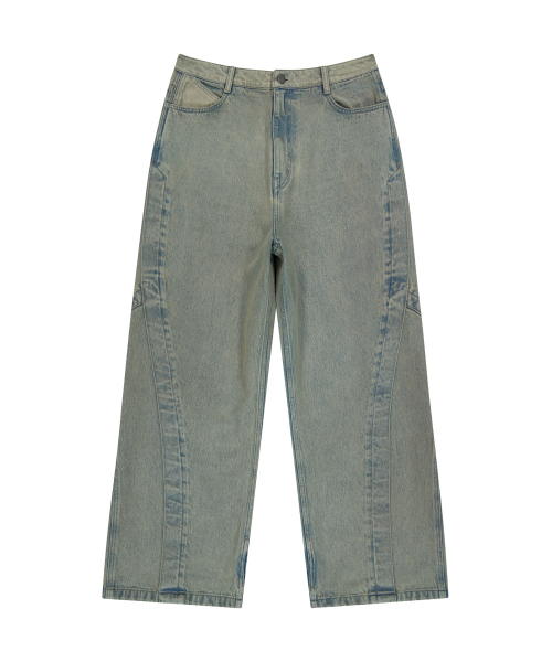 UNGIMMICK(アンジミック)の「PANELLED DENIM PANTS (BLUE)(デニムパンツ・メンズ・その他・MEDIUM/LARGE/SMALL)」の1枚目の写真