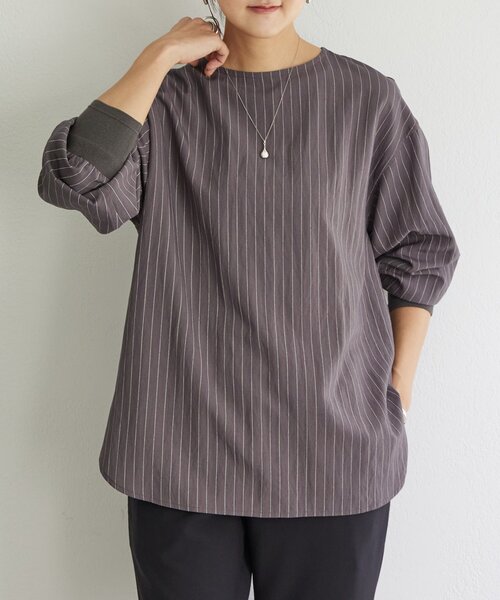 BEARDSLEY(ビアズリー)の「袖口ニットシャツ(シャツ/ブラウス・レディース・アイボリー/チャコールグレー・FREE)」の2枚目の写真