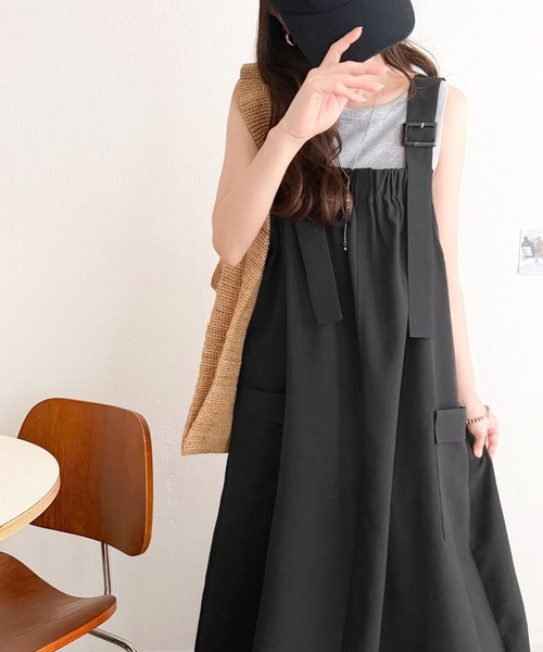 classicalelf（クラシカルエルフ）の「重ね着が楽しい♪着回し自在◎リネンライク素材胸元ギャザー＆ポケット使いAラインジャンパースカート（ジャンパースカート・レディース・ブラック/チャコール/ブラウン・MEDIUM/LARGE/SMALL/X-LARGE）」の8枚目の写真