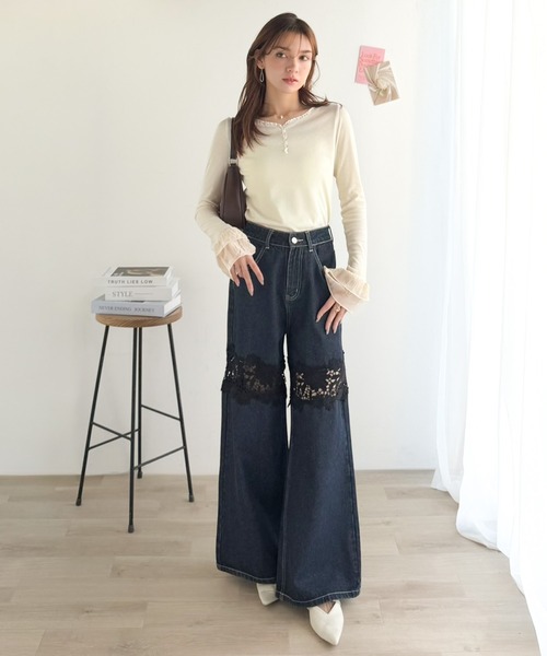 mily bilet(ミウィビレット)の「【mily bilet】大人フェミニンを叶える。袖フリルレースヘンリーネックトップス(Tシャツ/カットソー・レディース・グレー/ブラック/アイボリー・LARGE/MEDIUM/SMALL/X-LARGE)」の8枚目の写真