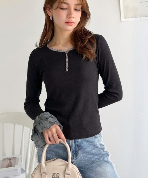 mily bilet(ミウィビレット)の「【mily bilet】大人フェミニンを叶える。袖フリルレースヘンリーネックトップス(Tシャツ/カットソー・レディース・グレー/ブラック/アイボリー・LARGE/MEDIUM/SMALL/X-LARGE)」の15枚目の写真