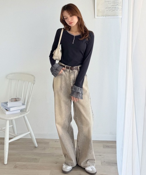 mily bilet(ミウィビレット)の「【mily bilet】大人フェミニンを叶える。袖フリルレースヘンリーネックトップス(Tシャツ/カットソー・レディース・グレー/ブラック/アイボリー・LARGE/MEDIUM/SMALL/X-LARGE)」の19枚目の写真