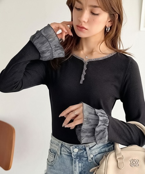 mily bilet(ミウィビレット)の「【mily bilet】大人フェミニンを叶える。袖フリルレースヘンリーネックトップス(Tシャツ/カットソー・レディース・グレー/ブラック/アイボリー・LARGE/MEDIUM/SMALL/X-LARGE)」の18枚目の写真