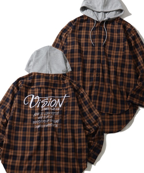 VISION STREET WEAR（ヴィジョンストリートウェア）の「【VISION STREET WEAR/ヴィジョンストリートウェア】Hoodie Check shirt/レイヤード風 フーディ チェック ネルシャツ（シャツ/ブラウス・メンズ・グリーン/ブラウン/ブラック・L/M）」の2枚目の写真