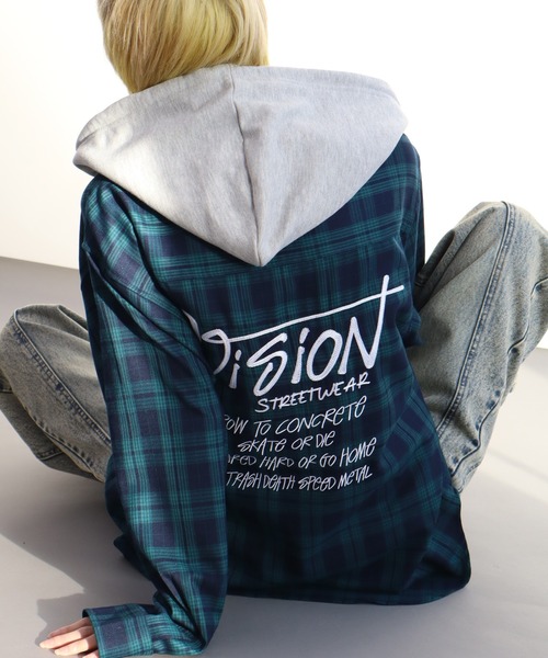 VISION STREET WEAR（ヴィジョンストリートウェア）の「【VISION STREET WEAR/ヴィジョンストリートウェア】Hoodie Check shirt/レイヤード風 フーディ チェック ネルシャツ（シャツ/ブラウス・メンズ・グリーン/ブラウン/ブラック・L/M）」の3枚目の写真
