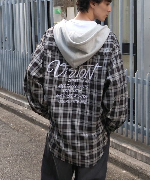 VISION STREET WEAR（ヴィジョンストリートウェア）の「【VISION STREET WEAR/ヴィジョンストリートウェア】Hoodie Check shirt/レイヤード風 フーディ チェック ネルシャツ（シャツ/ブラウス・メンズ・グリーン/ブラウン/ブラック・L/M）」の4枚目の写真