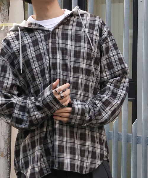 VISION STREET WEAR（ヴィジョンストリートウェア）の「【VISION STREET WEAR/ヴィジョンストリートウェア】Hoodie Check shirt/レイヤード風 フーディ チェック ネルシャツ（シャツ/ブラウス・メンズ・グリーン/ブラウン/ブラック・L/M）」の7枚目の写真