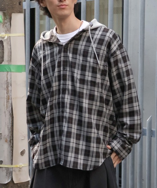 VISION STREET WEAR（ヴィジョンストリートウェア）の「【VISION STREET WEAR/ヴィジョンストリートウェア】Hoodie Check shirt/レイヤード風 フーディ チェック ネルシャツ（シャツ/ブラウス・メンズ・グリーン/ブラウン/ブラック・L/M）」の8枚目の写真
