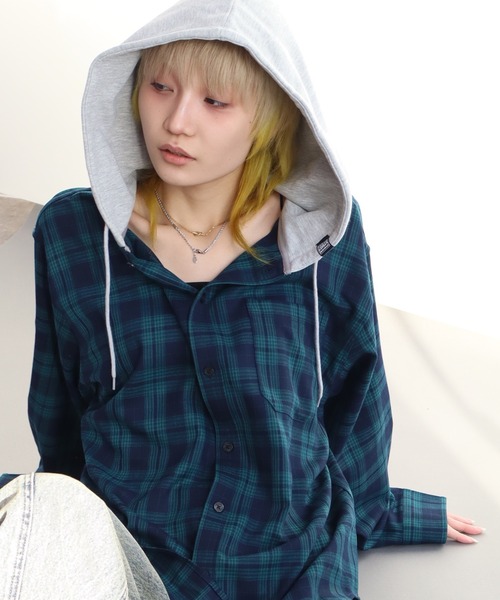 VISION STREET WEAR（ヴィジョンストリートウェア）の「【VISION STREET WEAR/ヴィジョンストリートウェア】Hoodie Check shirt/レイヤード風 フーディ チェック ネルシャツ（シャツ/ブラウス・メンズ・グリーン/ブラウン/ブラック・L/M）」の12枚目の写真