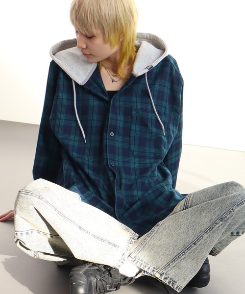 VISION STREET WEAR（ヴィジョンストリートウェア）の「【VISION STREET WEAR/ヴィジョンストリートウェア】Hoodie Check shirt/レイヤード風 フーディ チェック ネルシャツ（シャツ/ブラウス・メンズ・グリーン/ブラウン/ブラック・L/M）」の13枚目の写真