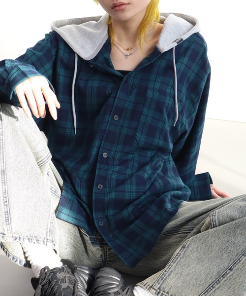 VISION STREET WEAR（ヴィジョンストリートウェア）の「【VISION STREET WEAR/ヴィジョンストリートウェア】Hoodie Check shirt/レイヤード風 フーディ チェック ネルシャツ（シャツ/ブラウス・メンズ・グリーン/ブラウン/ブラック・L/M）」の14枚目の写真