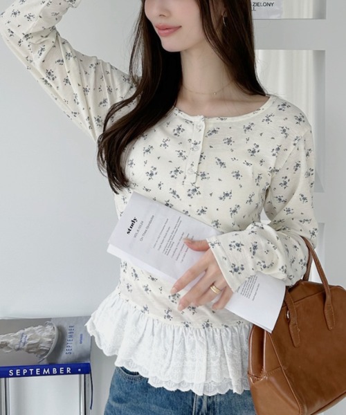 Ada.(エイダ)の「小花柄 裾レース ヘンリーネックロンT(Tシャツ/カットソー・レディース・ブルー/アイボリー/チャコール・FREE)」の18枚目の写真