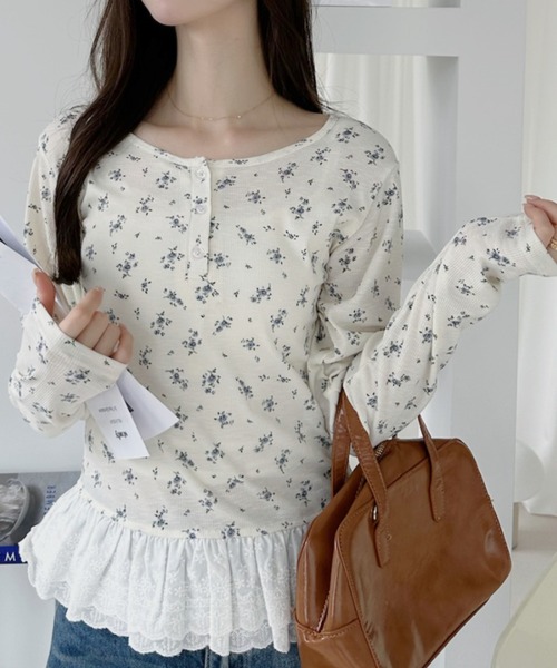 Ada.(エイダ)の「小花柄 裾レース ヘンリーネックロンT(Tシャツ/カットソー・レディース・ブルー/アイボリー/チャコール・FREE)」の16枚目の写真
