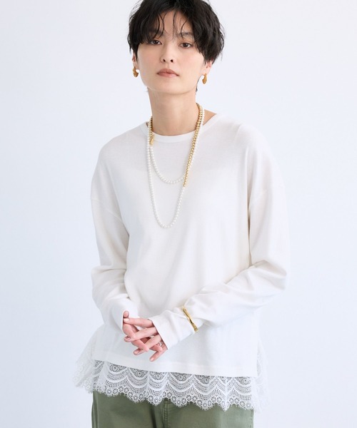 BARNYARDSTORM（バンヤードストーム）の「BARNYARDSTORM / 裾レースロンＴ（Tシャツ/カットソー・レディース・グレー/ホワイト・FREE）」の2枚目の写真